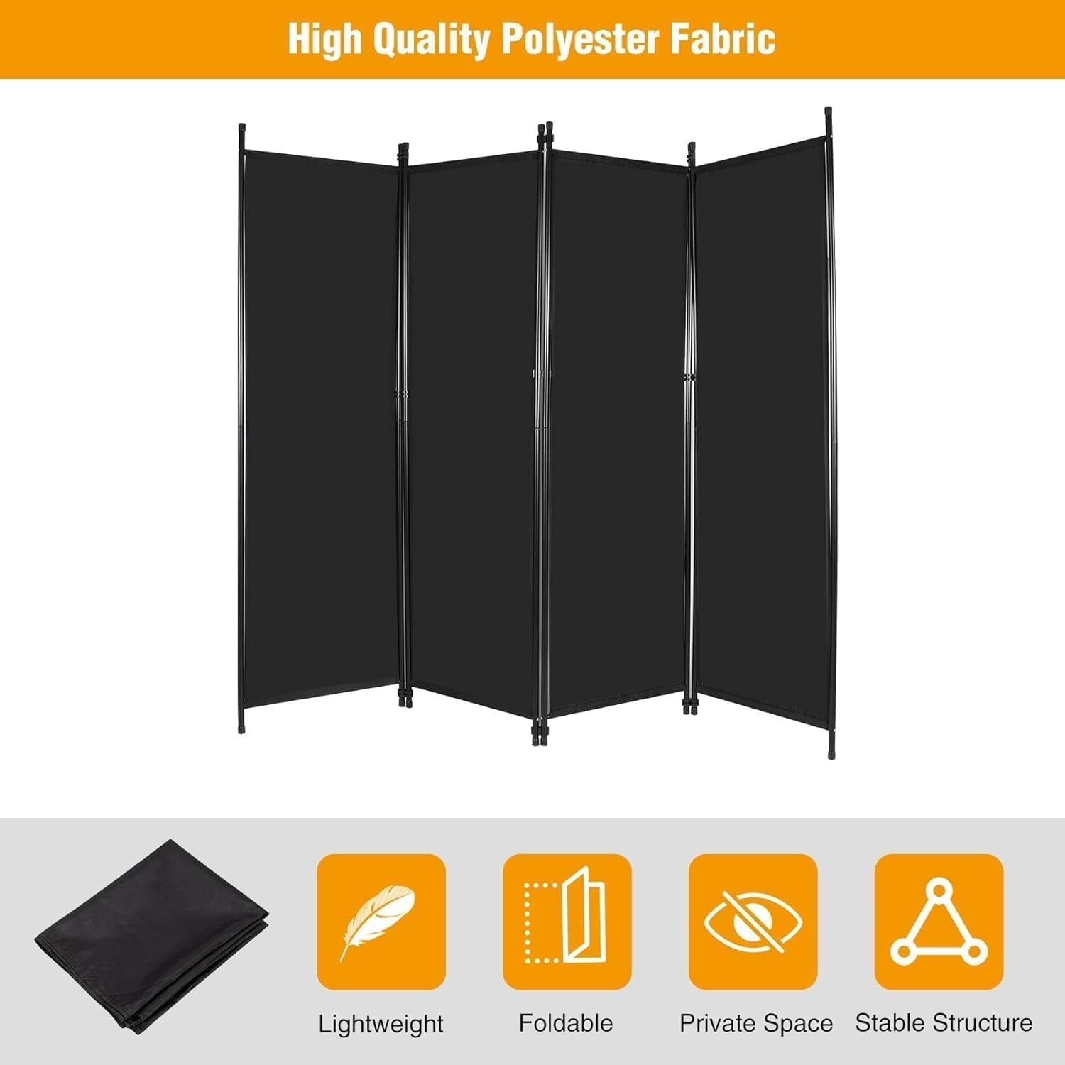 4 Panel Black Folding Room Divider Privacy Screen Partition 203x173cm