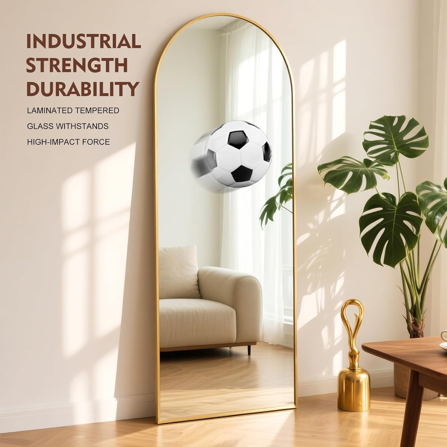 Full Length Arch Mirror 165x60cm Golden Frame Shatterproof Tempered Glass