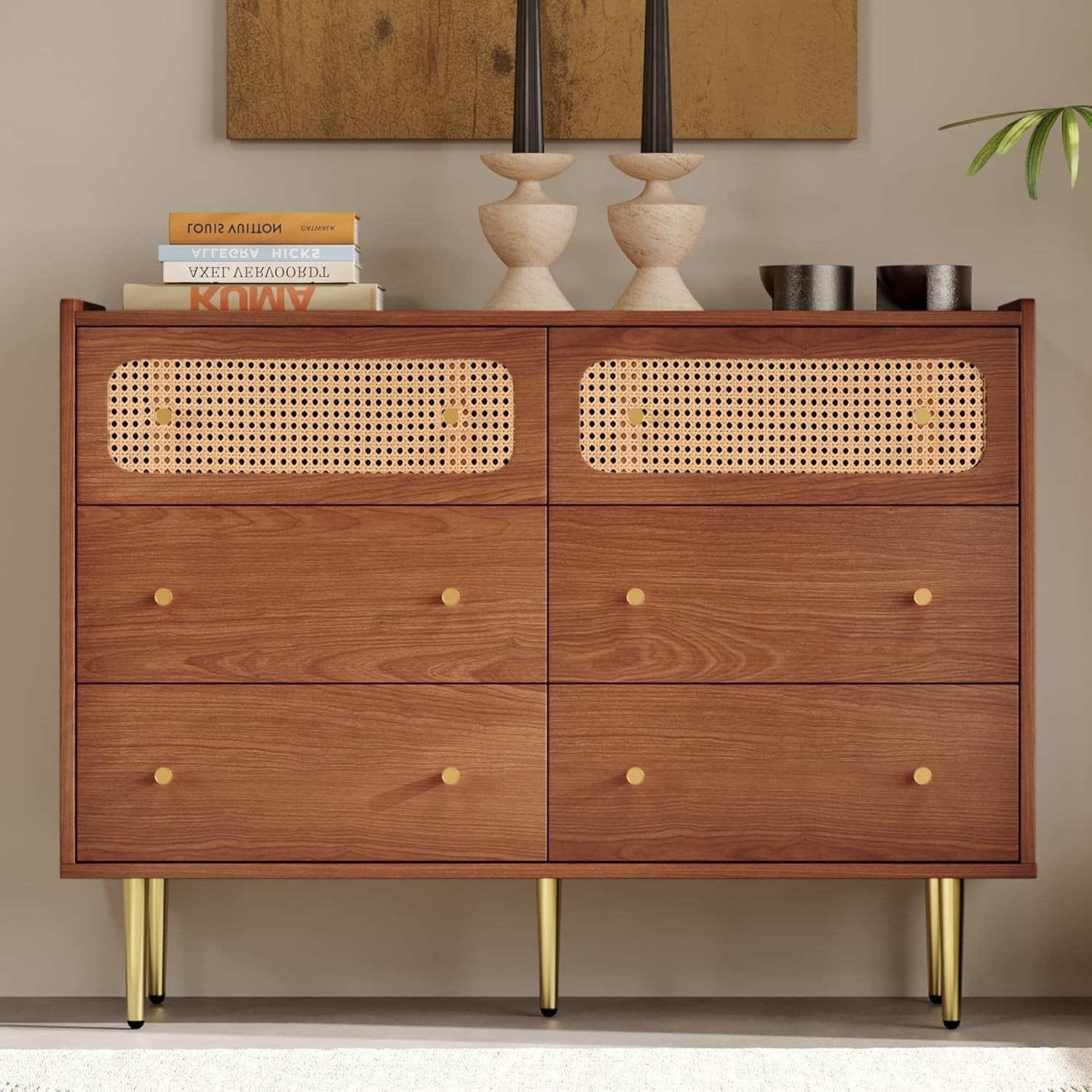 Walnut 6 Drawer Rattan Sideboard Cabinet with Gold Legs for Hallway Storage