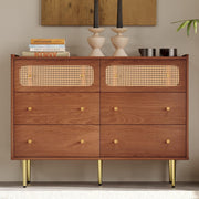 Walnut 6 Drawer Rattan Sideboard Cabinet with Gold Legs for Hallway Storage