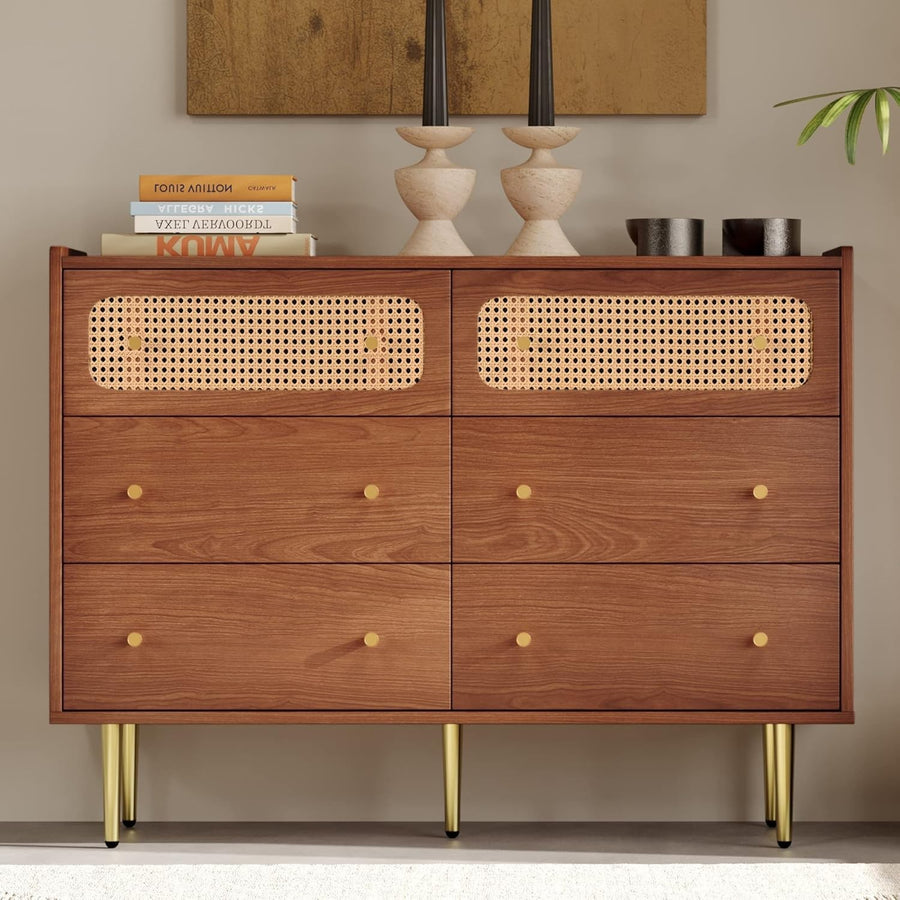 Walnut 6 Drawer Rattan Sideboard Cabinet with Gold Legs for Hallway Storage