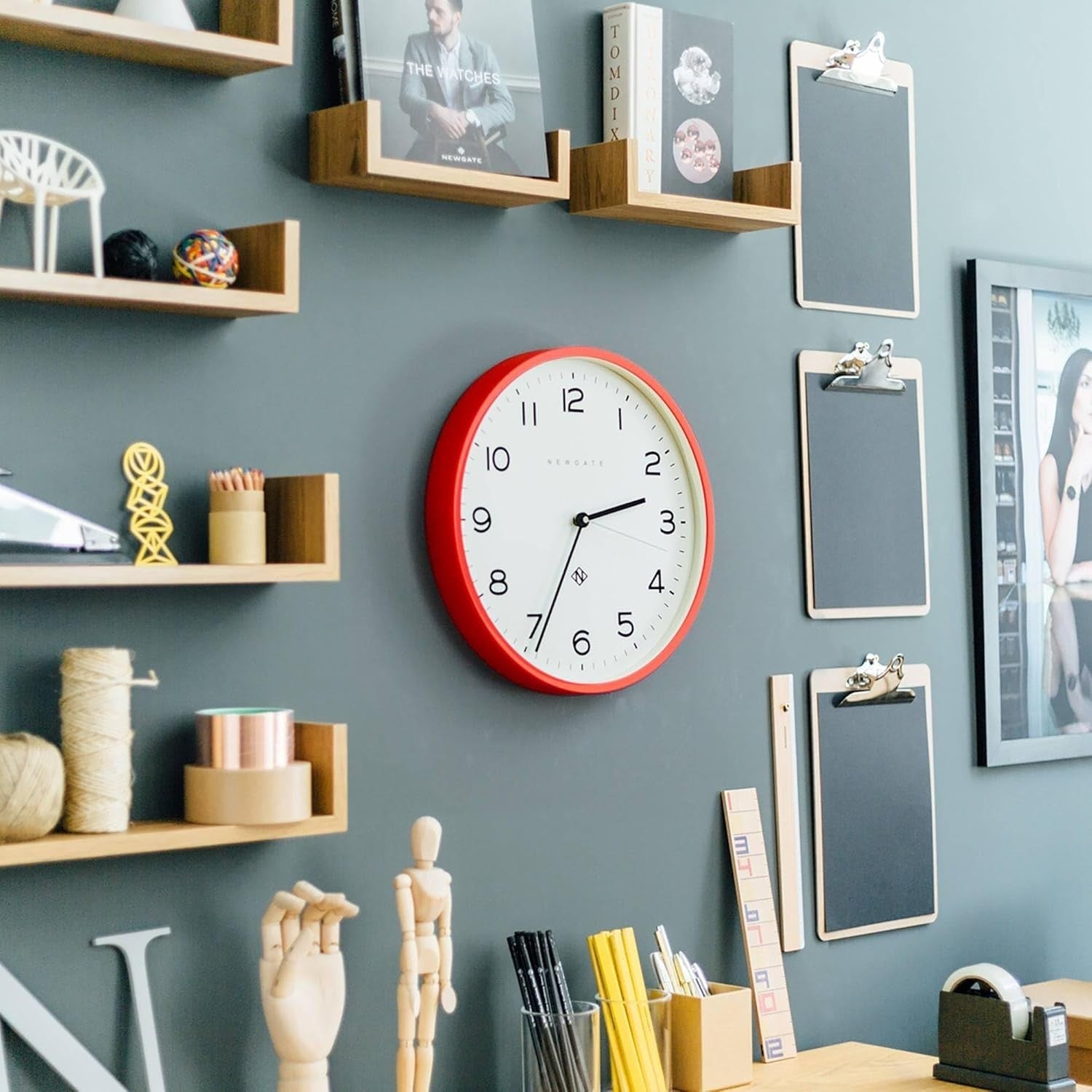 Large 37cm Red Round Wall Clock | Silent Sweep Quartz | Kitchen, Living Room
