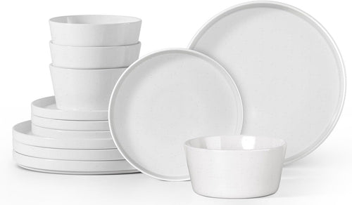 12pc Stoneware Dinnerware Set Plates Bowls Handmade Speckled White