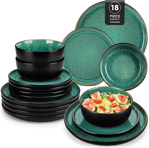 18pc Green Stoneware Dinner Set Reactive Glaze Plates Bowls Microwave Safe
