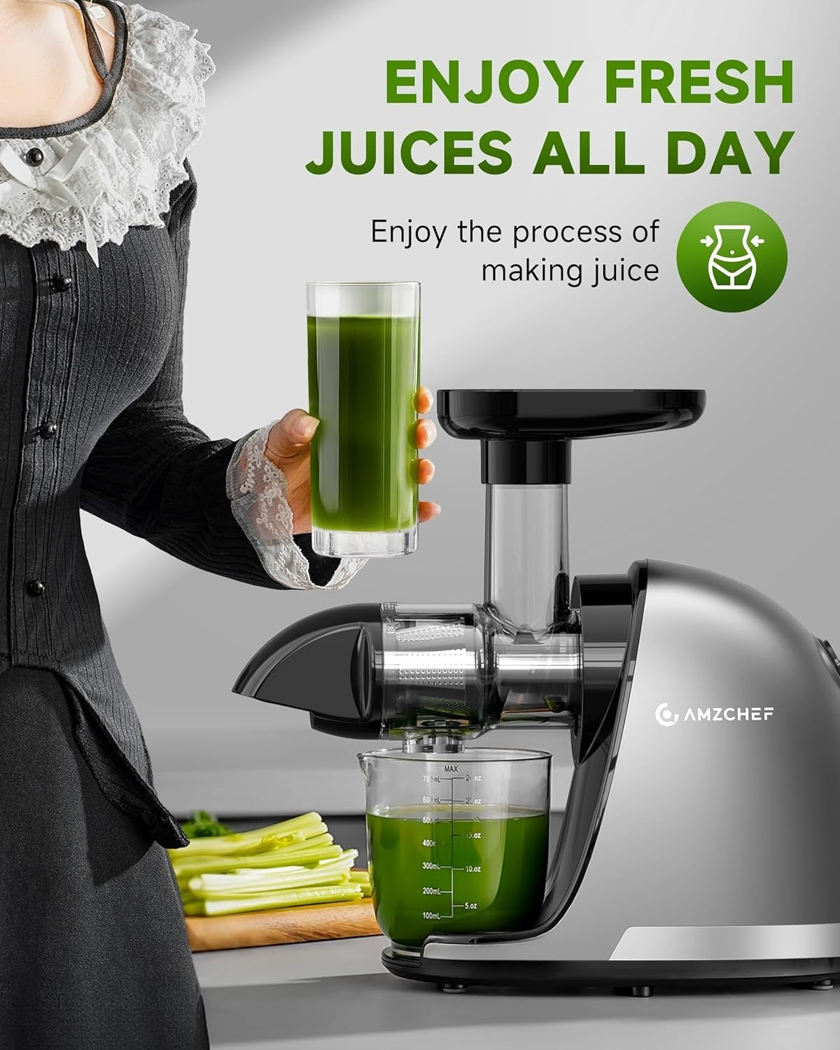 Cold Press Slow Juicer Masticating Whole Fruit High Yield BPA Free Grey