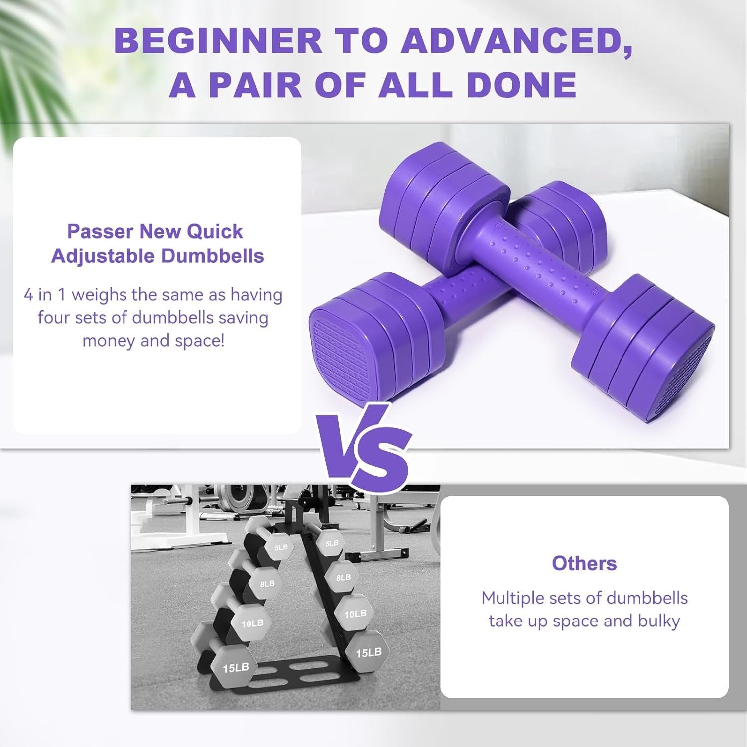 4-in-1 Adjustable Hand Weight Set Non Roll Dumbbells Home Gym Purple