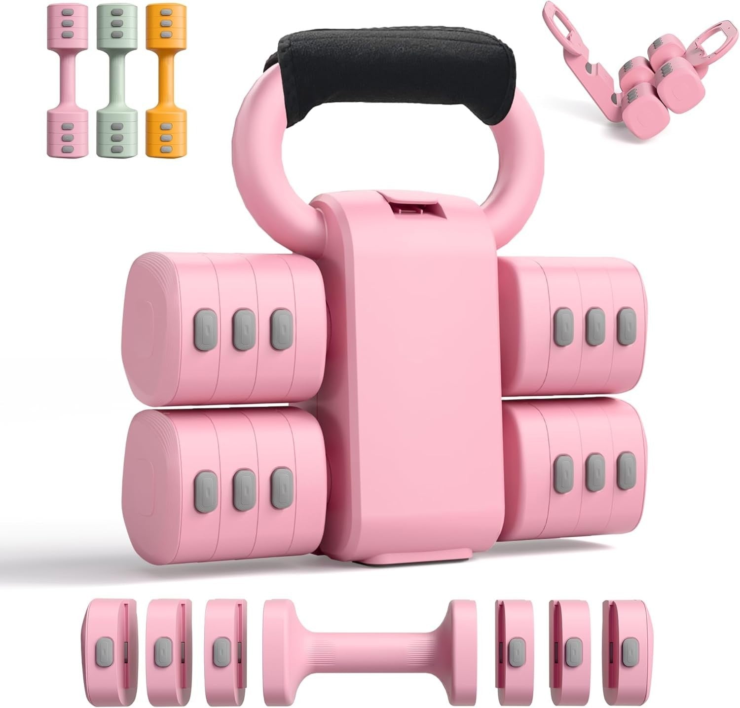 Pink 2-in-1 Adjustable Dumbbell Kettlebell Set Quick Change 2.2–5.5lb