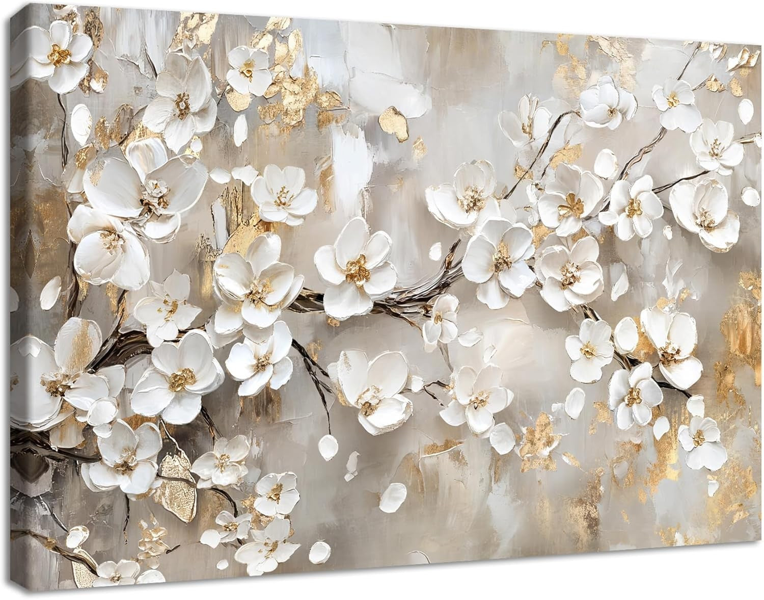 Large White Floral Canvas Wall Art 120x80cm Framed