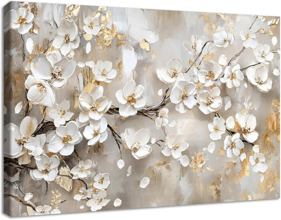 Large White Floral Canvas Wall Art 120x80cm Framed