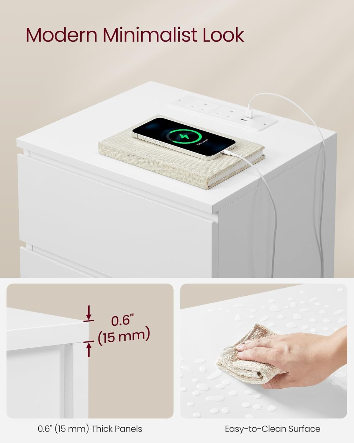 Modern Bedside Table with Charging Station, 3 Drawers, USB & AC Ports, White