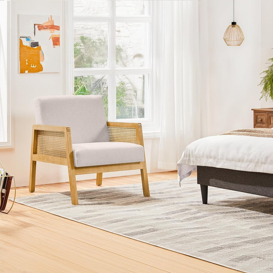 Modern Linen Accent Chair with Rattan Sides, Comfortable Armchair for Living