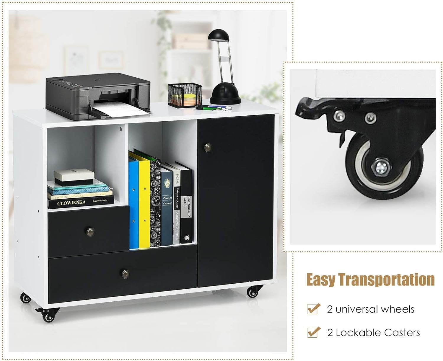 White Black Mobile File Cabinet 90cm Printer Stand Storage Unit