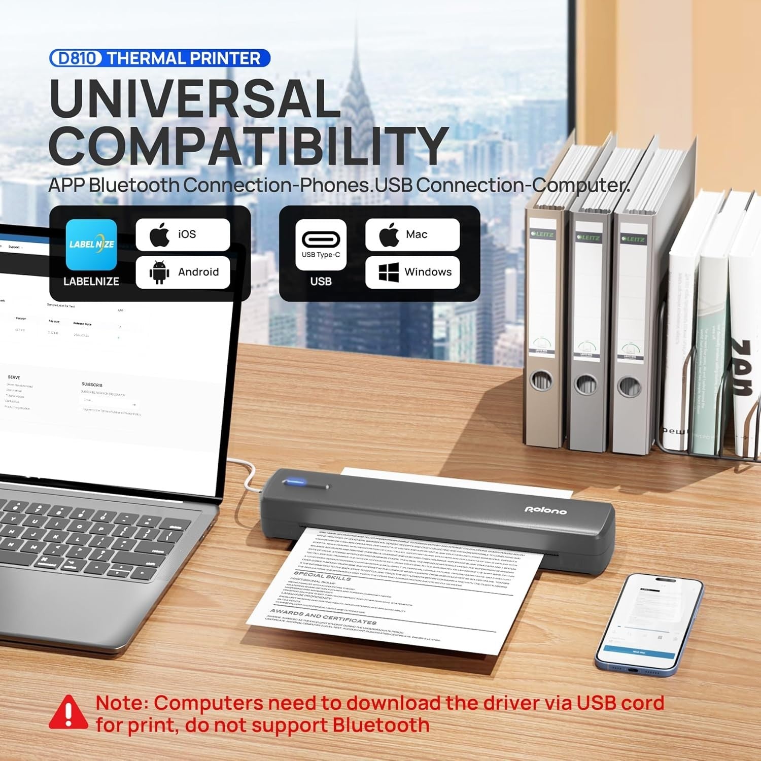 Portable Wireless A4 Thermal Printer Bluetooth Inkless Grey Travel Office