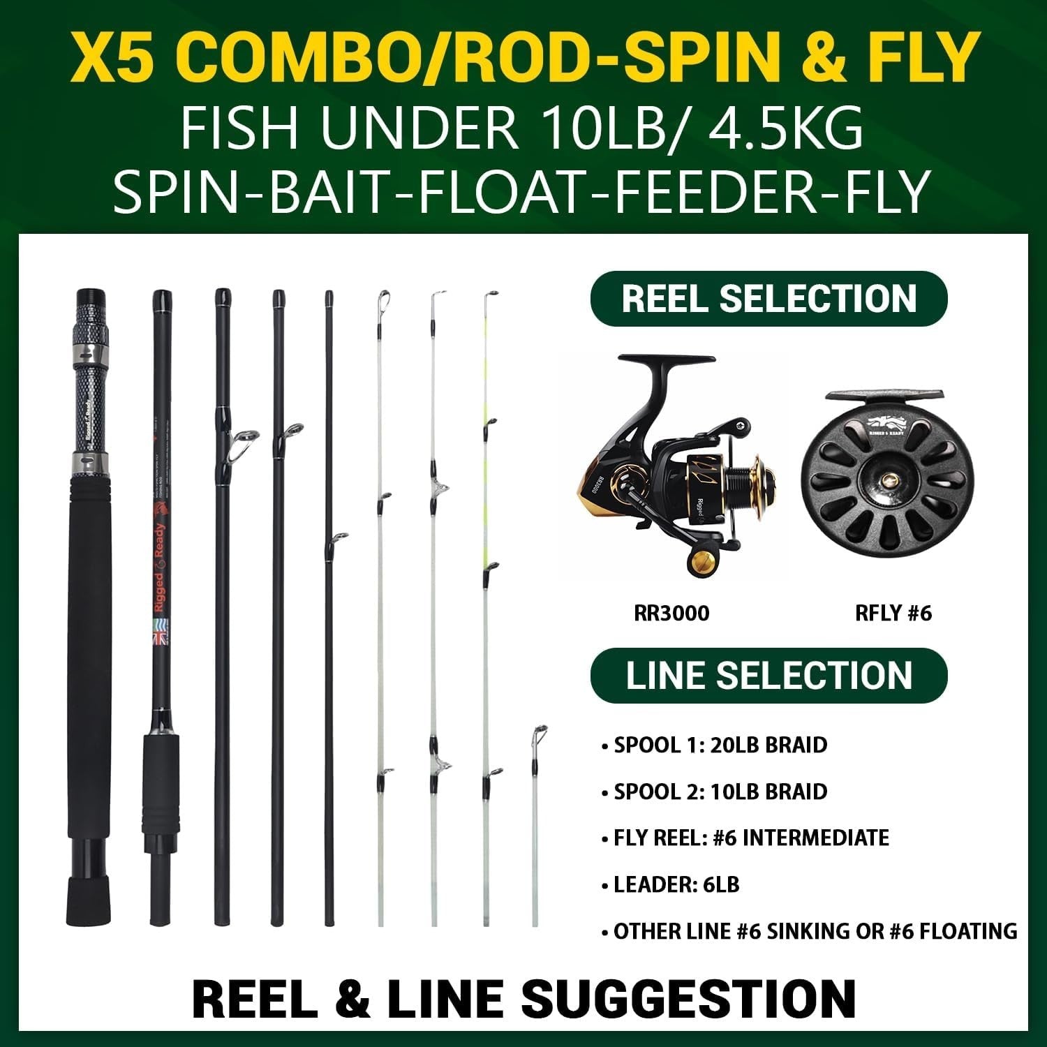 Travel Fishing Rod & Reel Set 5-in-1 Multi-Tech Spin, Fly, Salt & Fresh