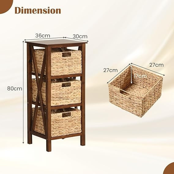 2x Walnut 3-Tier Bedside Tables with Seagrass Baskets | Rustic Tall Nightstands
