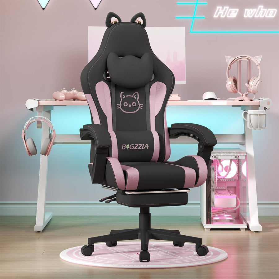 Cute Gaming Chair Cat Ears Massage Footrest Pink Black