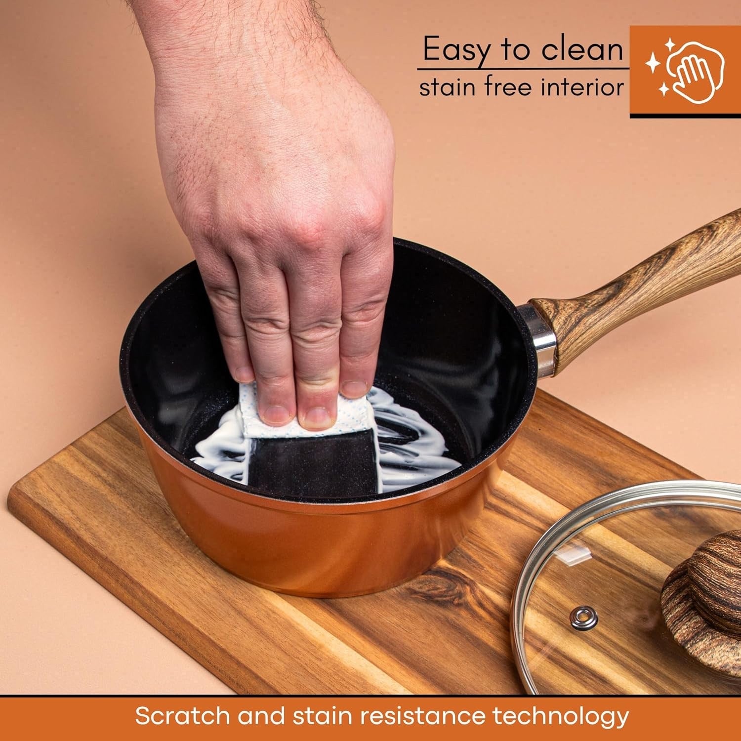 16cm Non-Stick Copper Saucepan with Glass Lid Induction & Gas Ready