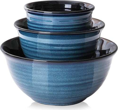 3 Pcs Blue Ceramic Mixing Bowls Microwave Oven Safe Nesting Set
