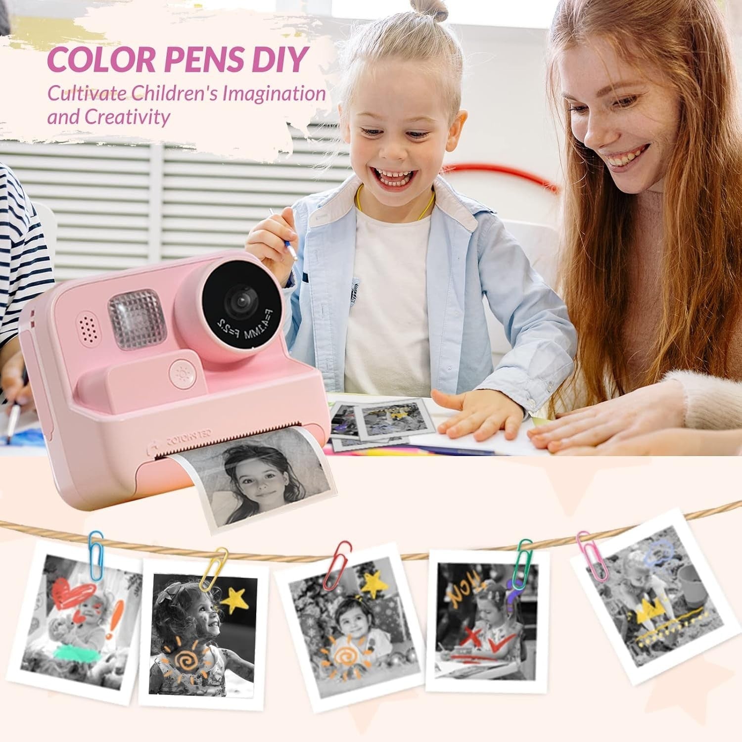 Kids Instant Print Camera 48MP Zero Ink 32GB Selfie Video Pink