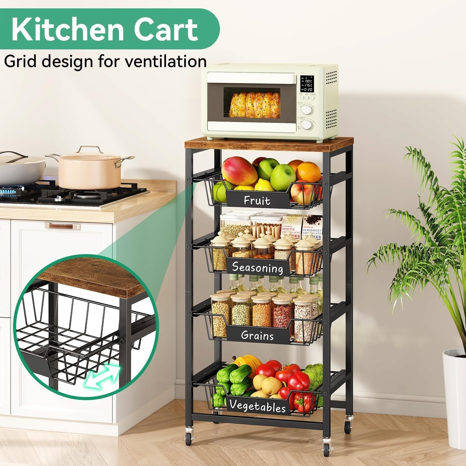 5 Tier Rolling Kitchen Storage Cart Fruit Basket Trolley Rustic Brown