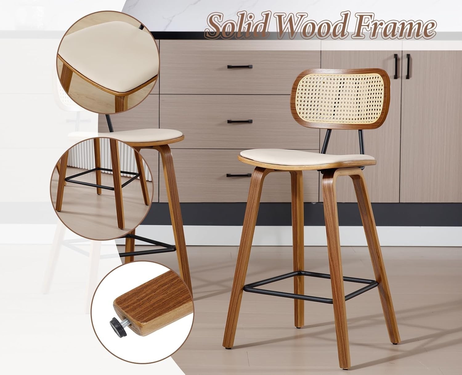 Retro Rattan Bar Stools Set of 2 Beige PU Leather Wooden Kitchen Chairs