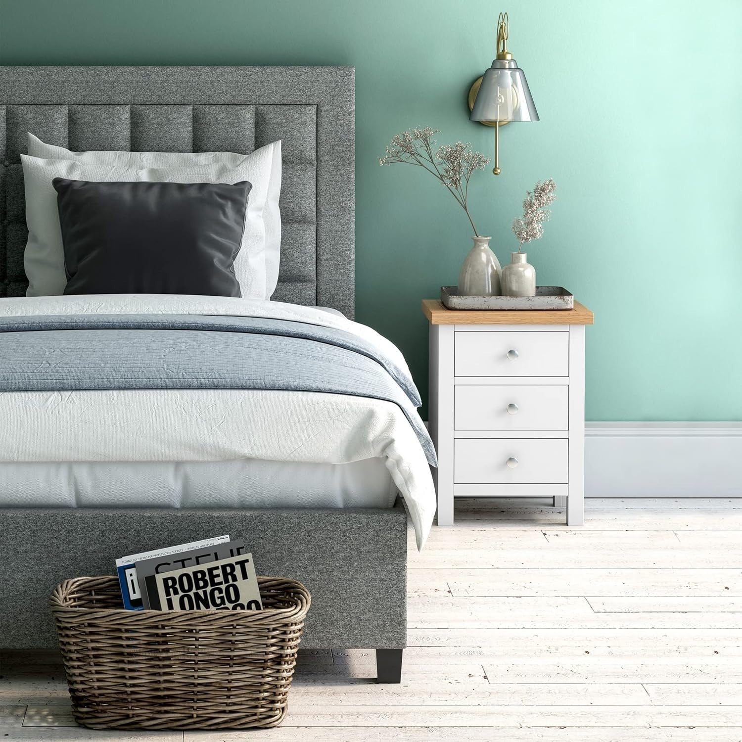 White 3 Drawer Bedside Table with Oak Top | Solid Wood Storage Unit