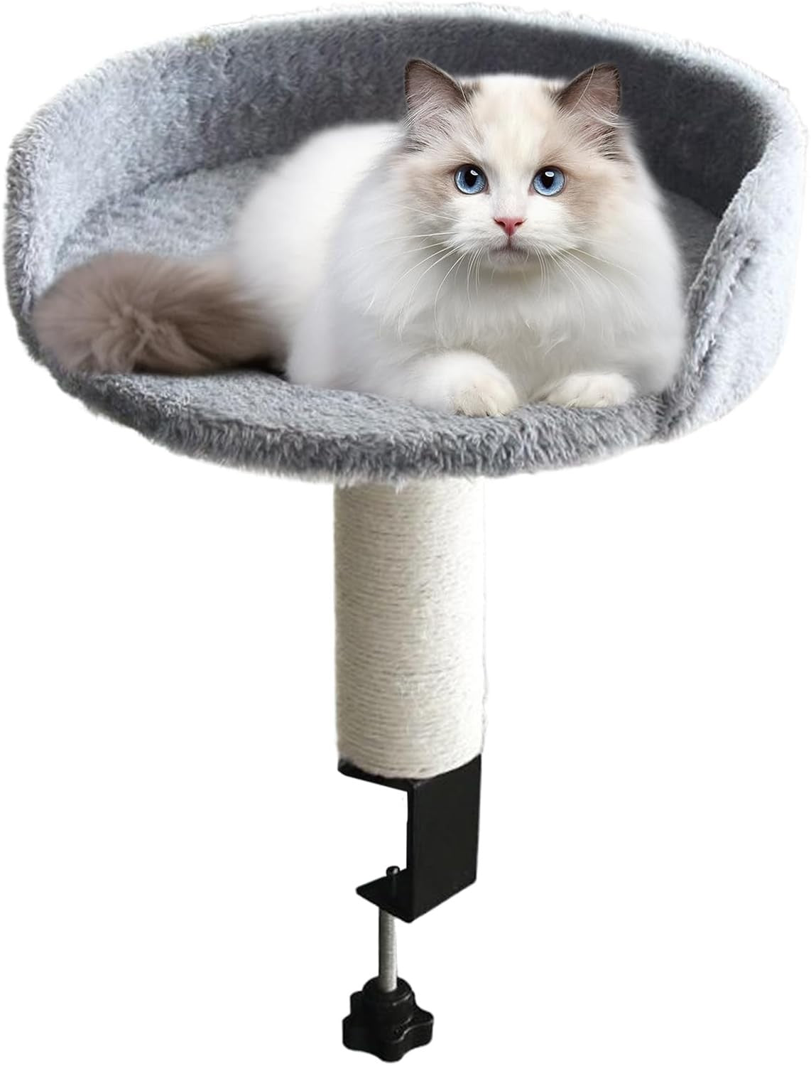 Clamp On Cat Desk Bed Plush Kitty Perch w/ Sisal Scratching Post