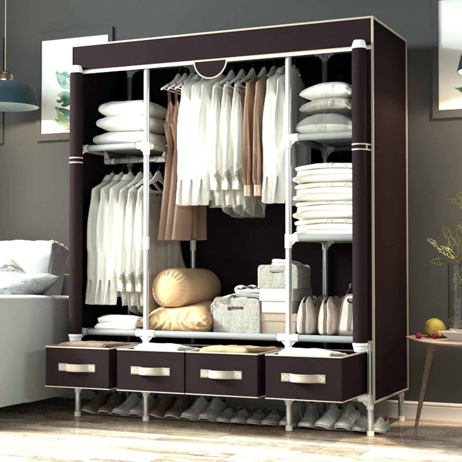 Large Canvas Wardrobe with Drawers Hanging Rail Shelves Dustproof 150cm
