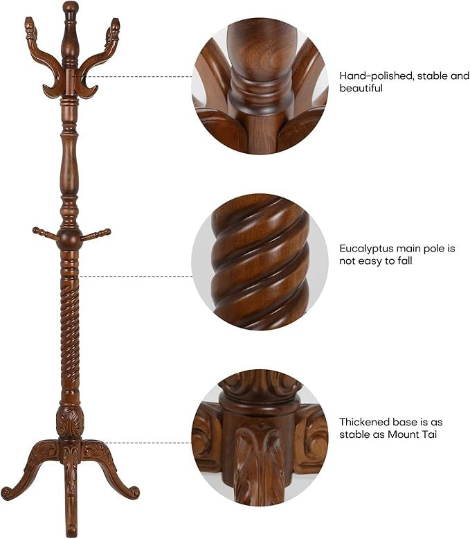 Solid Ash Wood Coat Rack 200cm Tree Stand with 8 Hooks Vintage Brown