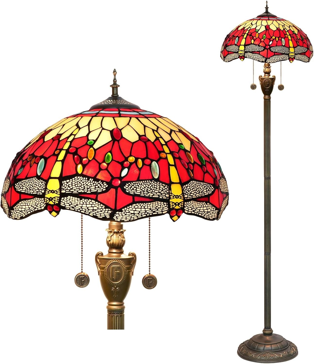 Red Dragonfly Stained Glass Floor Lamp with Vintage Bronze Base & Foot Switch