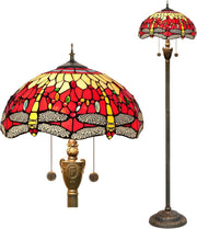 Red Dragonfly Stained Glass Floor Lamp with Vintage Bronze Base & Foot Switch