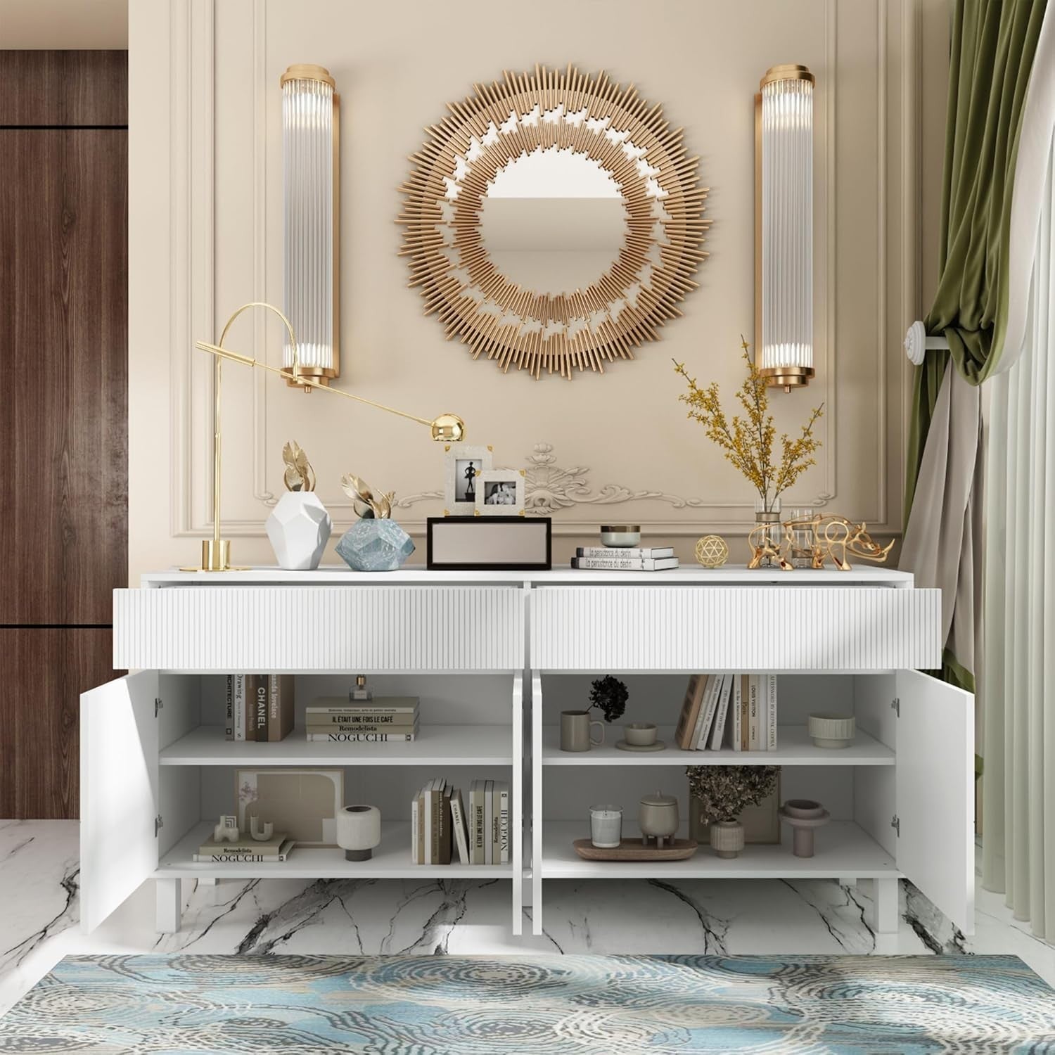 White Sideboard Buffet Storage Cabinet 4 Doors 2 Drawers Modern 160cm