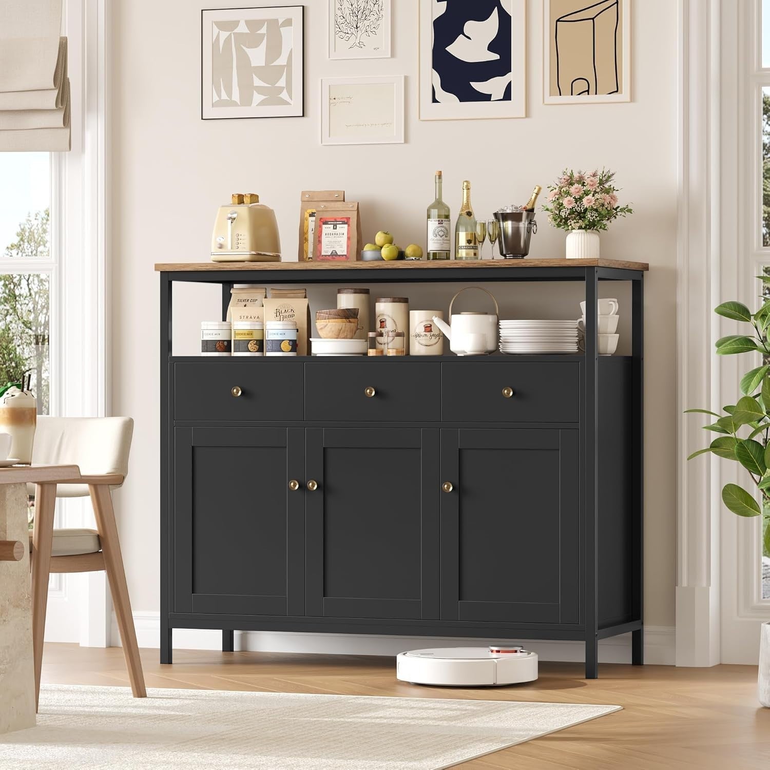 Black Sideboard Storage Cabinet 98.5cm Kitchen Cupboard Drawers Shelves