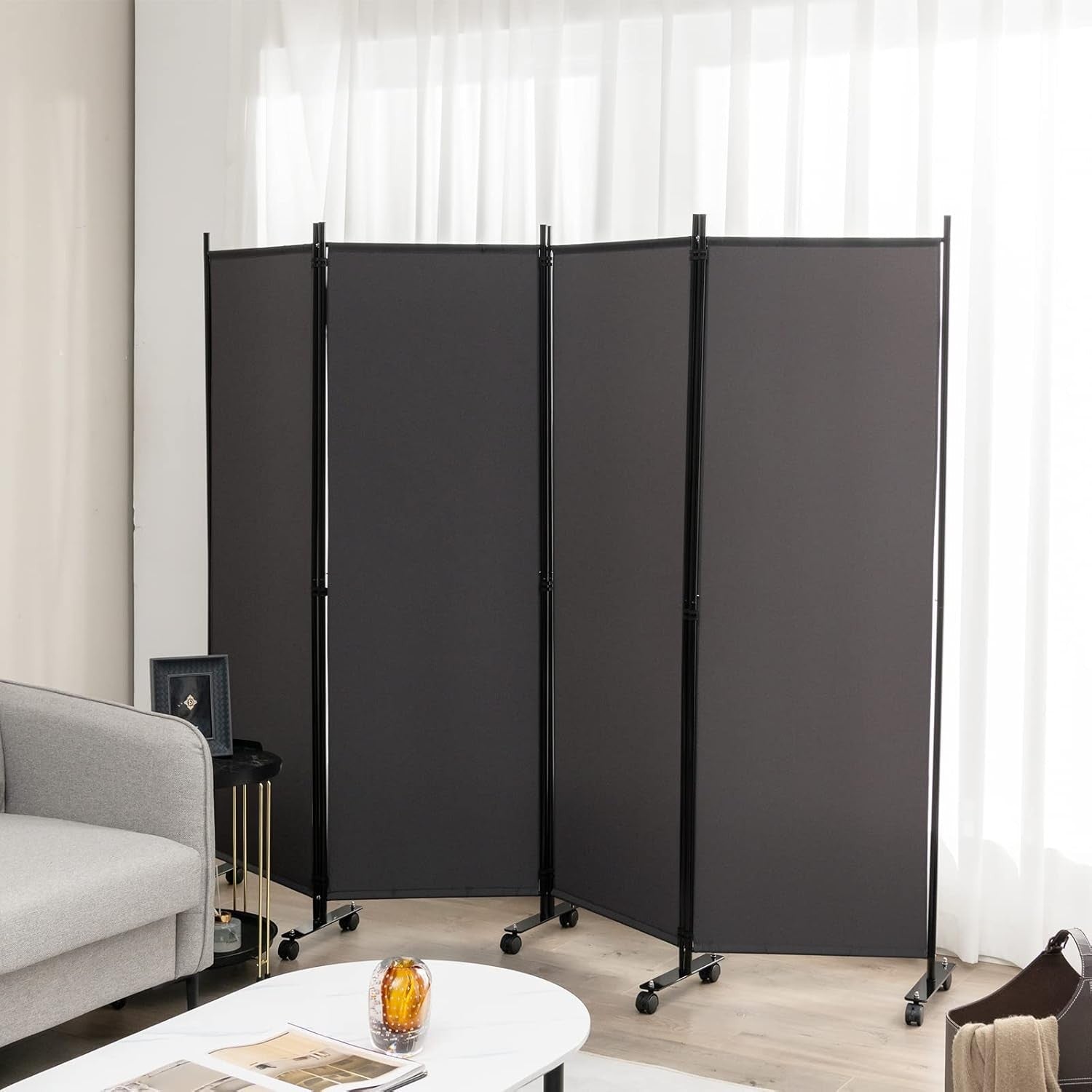 4-Panel Grey Folding Room Divider 224x30x172cm Privacy Screen Partition