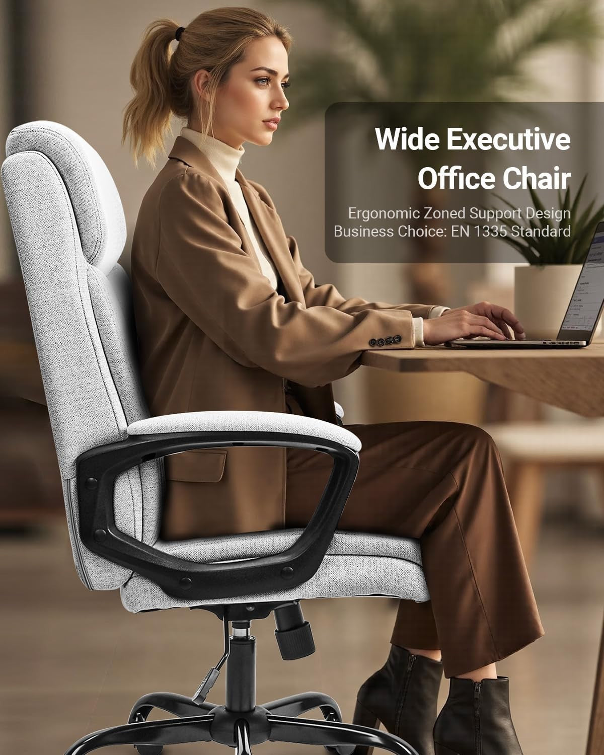 Ergonomic Grey Office Chair Adjustable Lumbar Support Cushion Back Fixed Armrest