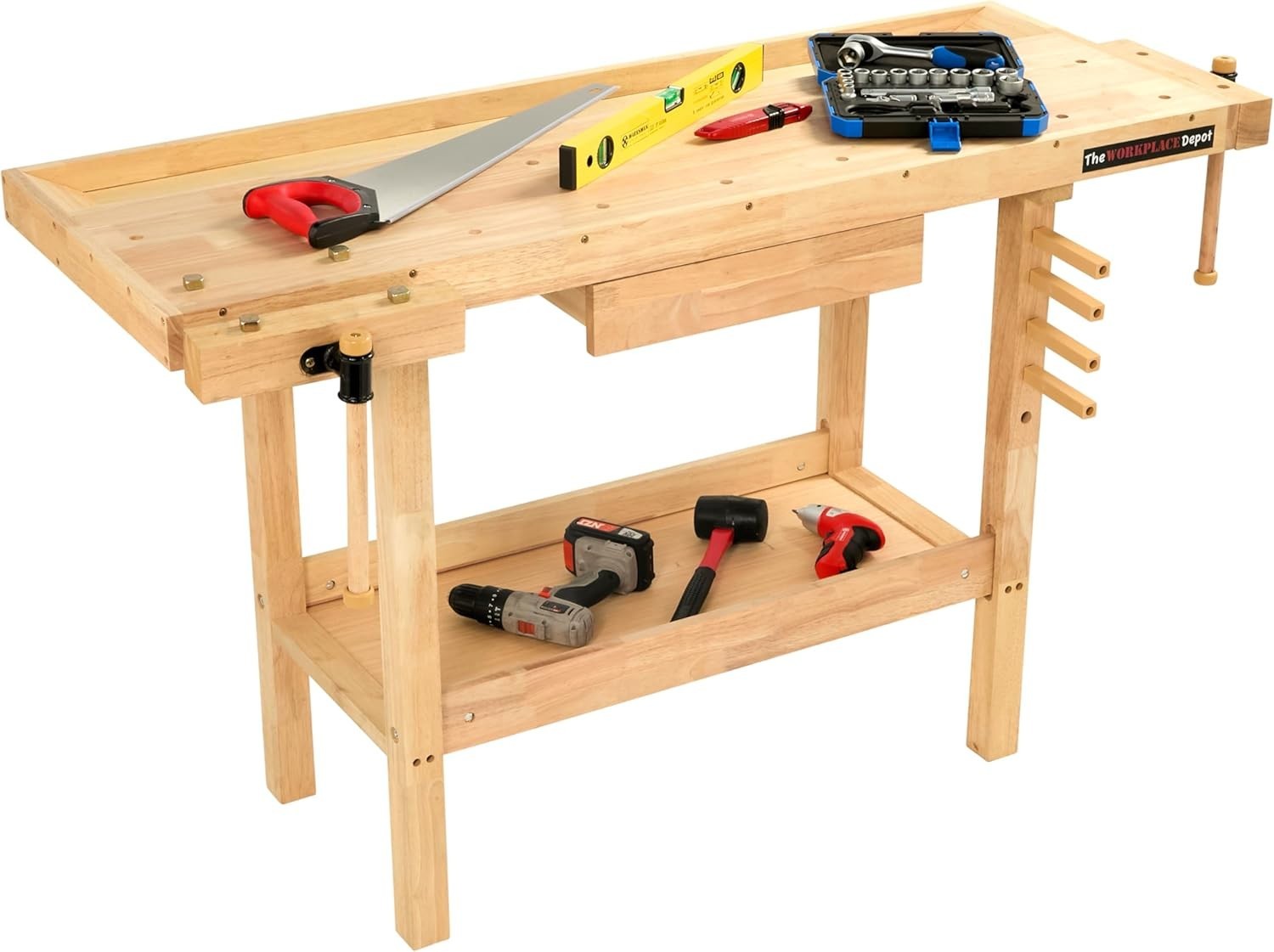 Heavy-Duty Wooden Workbench 142cm with Vices, Drawer & Storage Shelf