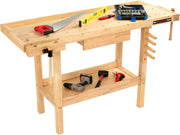 Heavy-Duty Wooden Workbench 142cm with Vices, Drawer & Storage Shelf