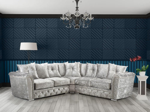 Silver Crushed Velvet 5-Seater Corner Sofa - Plush Cushions & Diamante Detail