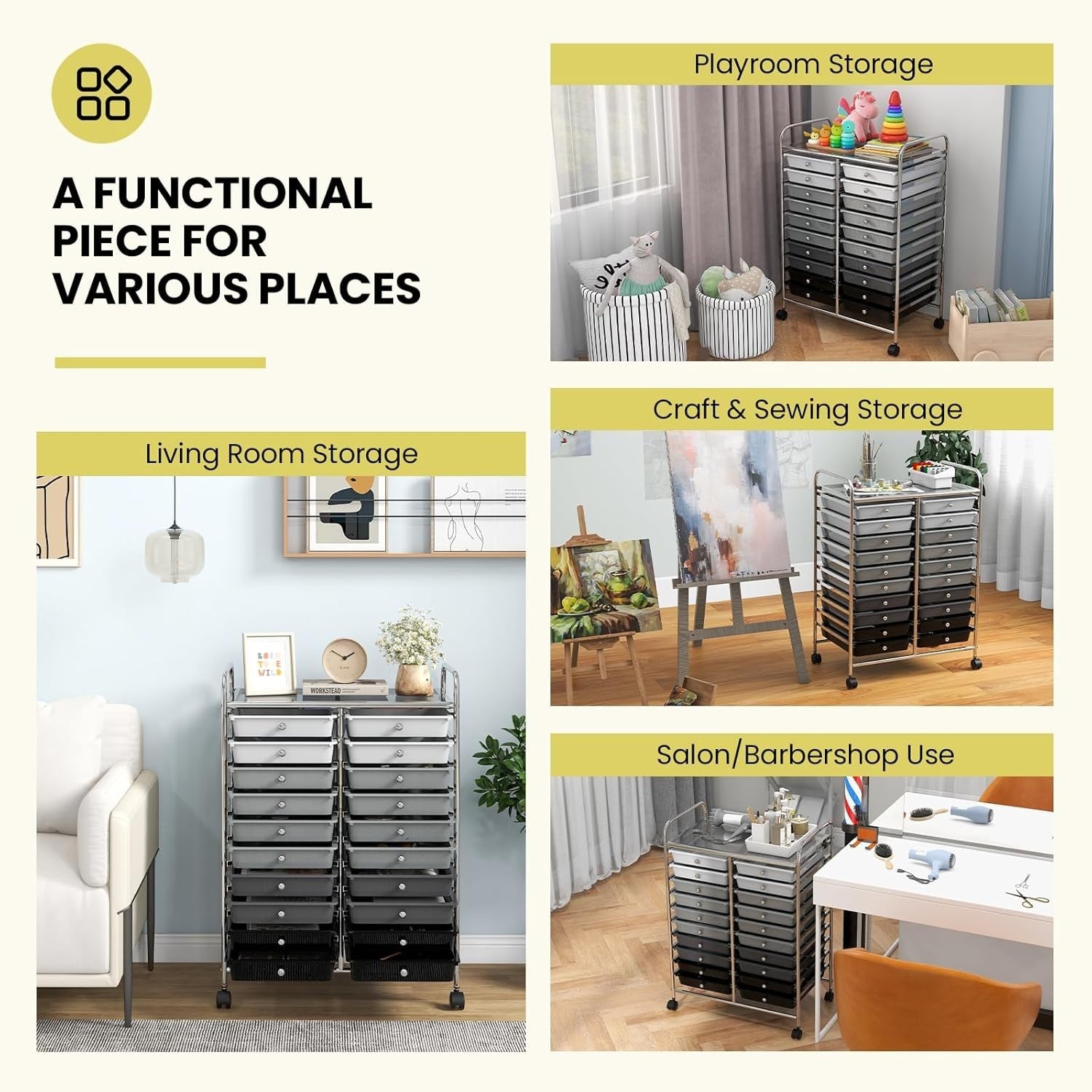 20 Drawer Rolling Storage Trolley Organiser Cart Beauty Office Black