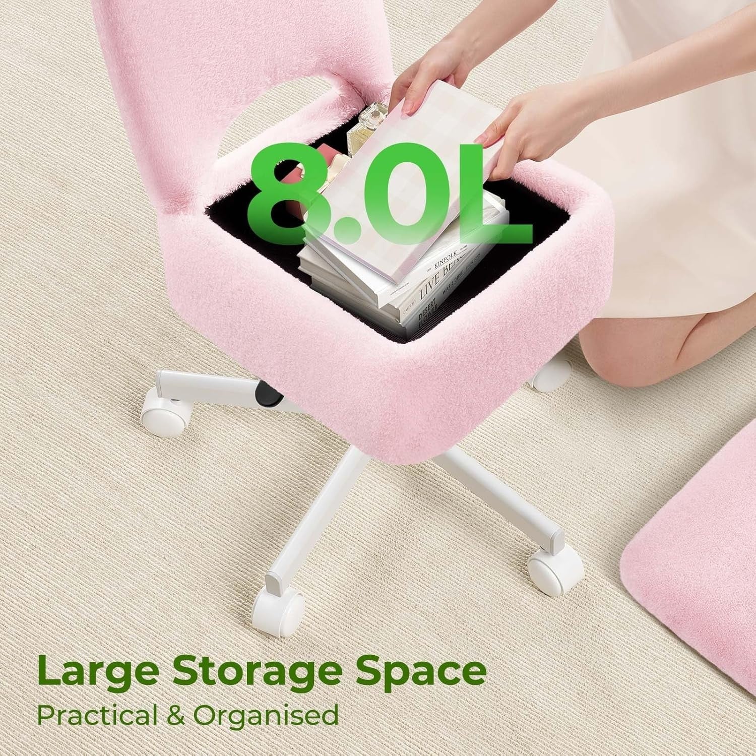 Pink Furry Vanity Chair with Storage Swivel Adjustable Height & Wheels