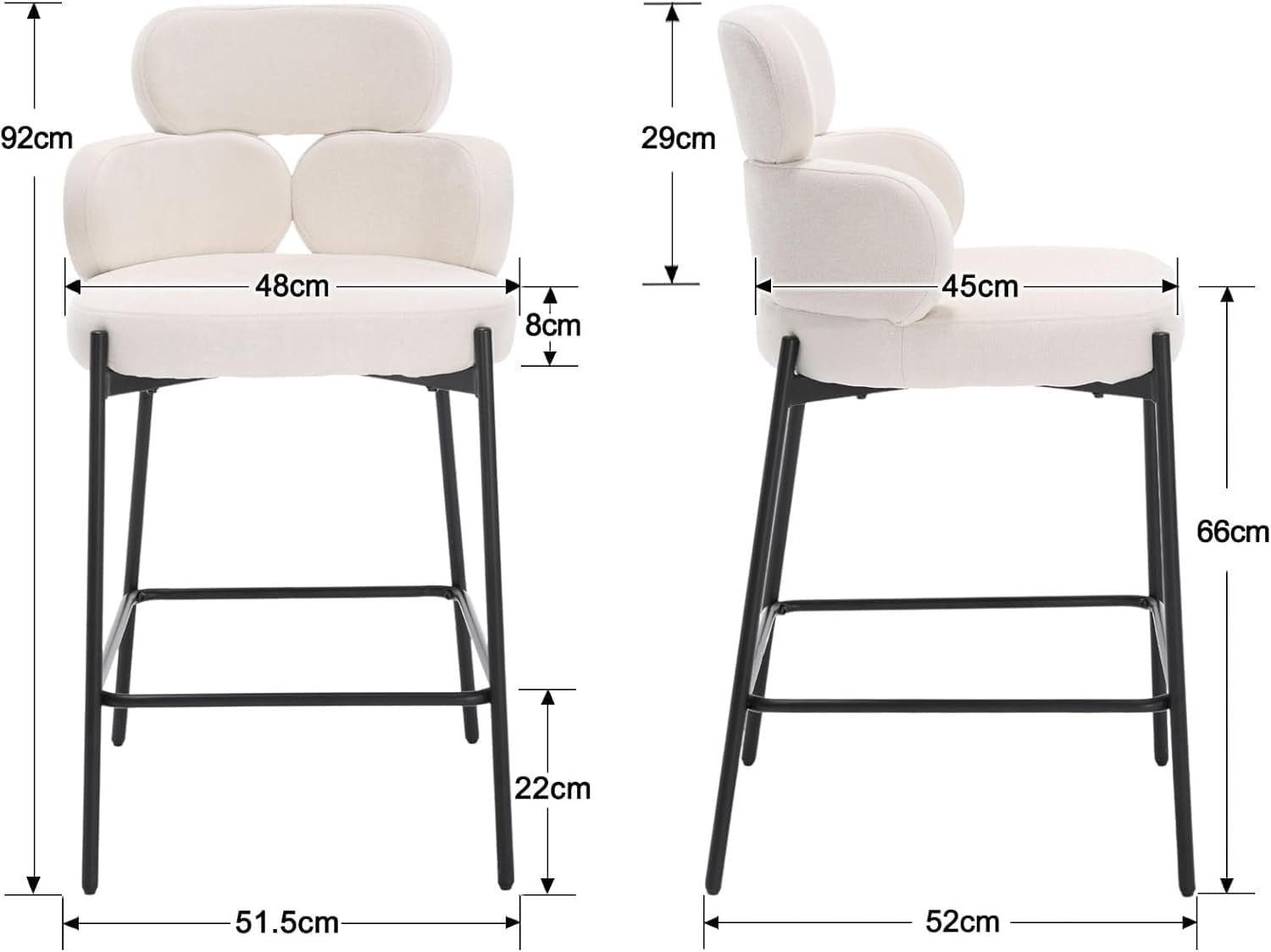 Modern Bar Stools 2pcs Beige Chenille Counter Kitchen Chairs