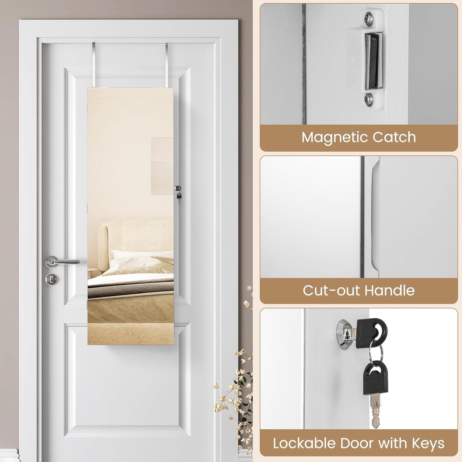Wall Door Mounted Jewelry Armoire Lockable Full Length Mirror White