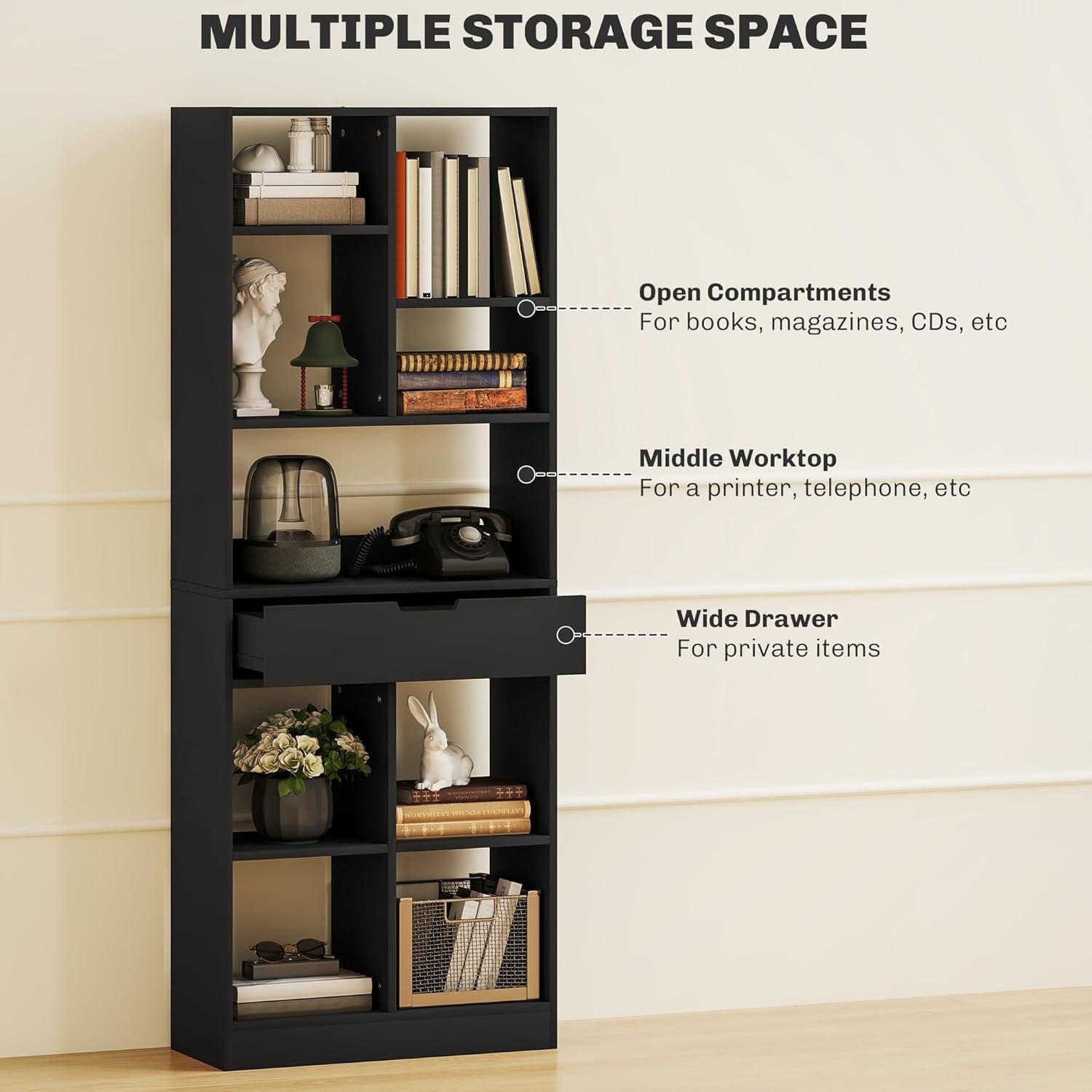 Tall Black Bookcase with Drawer & Open Shelves – Modern Freestanding Storage