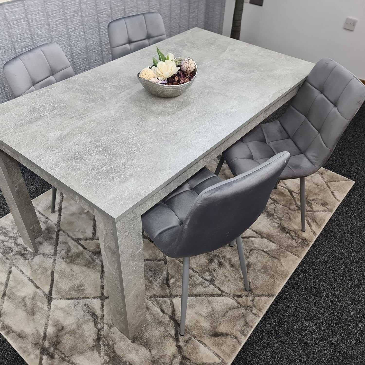 Grey 4 Seater Dining Table Set w/ Tufted Velvet Chairs | Stone Effect Finish