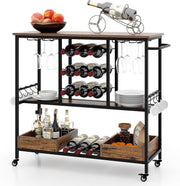 Vintage Brown 3 Tier Rolling Bar Cart 9 Bottle Wine Rack