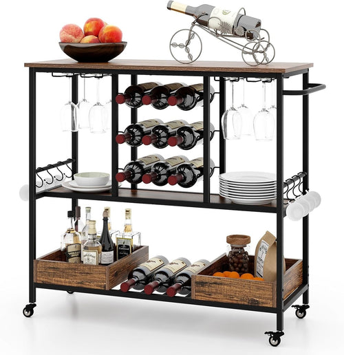 Vintage Brown 3 Tier Rolling Bar Cart 9 Bottle Wine Rack