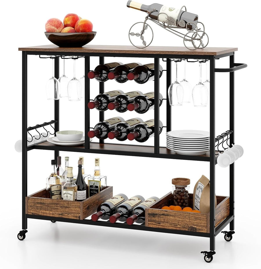 Vintage Brown 3 Tier Rolling Bar Cart 9 Bottle Wine Rack