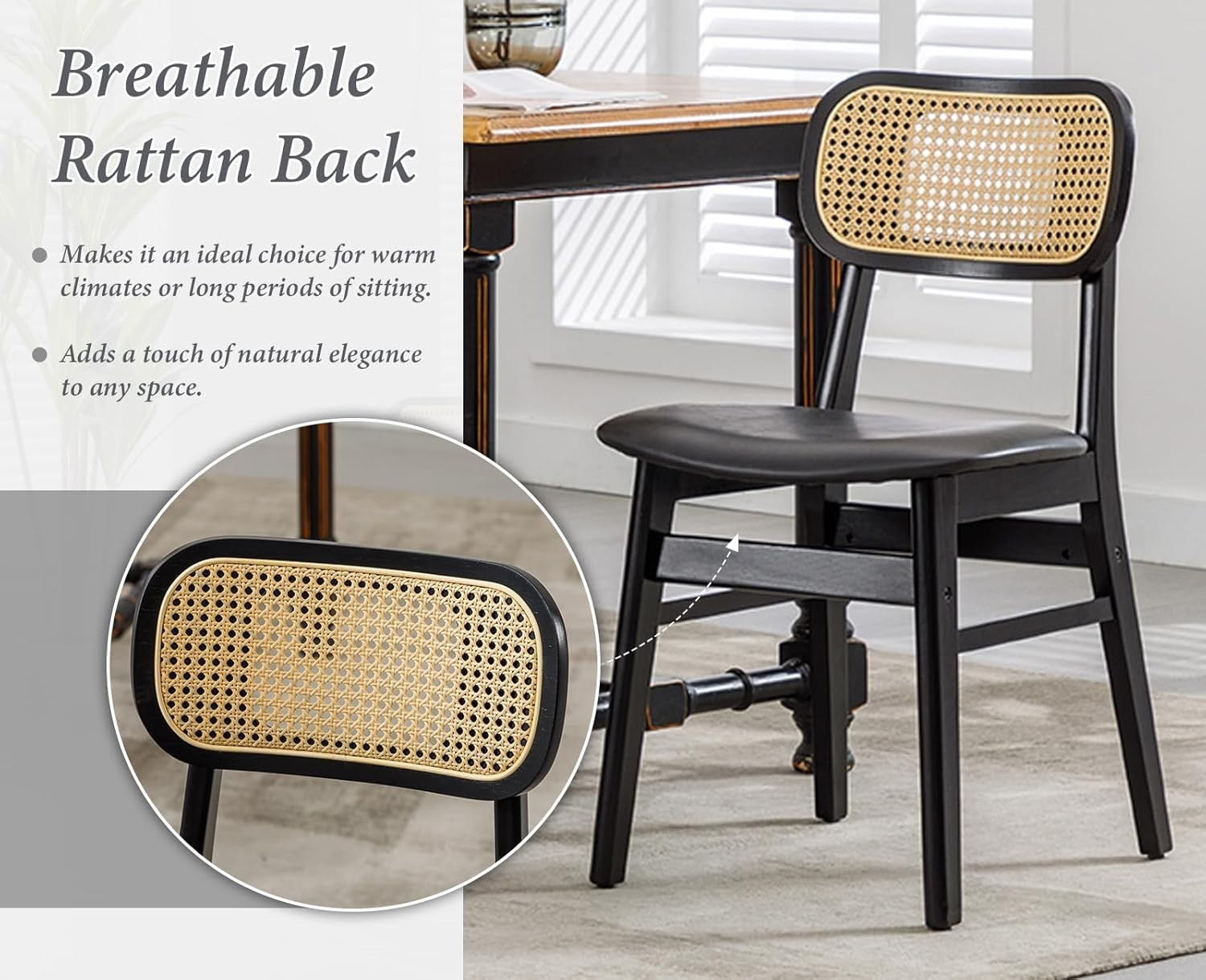 Black Rattan Dining Chairs Set of 2 PU Leather Padded Retro Kitchen Seats
