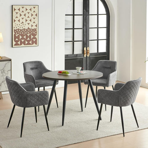 Grey Faux Suede Dining Set 4 Chairs + Walnut Round Table | 2–4 Seater Compact
