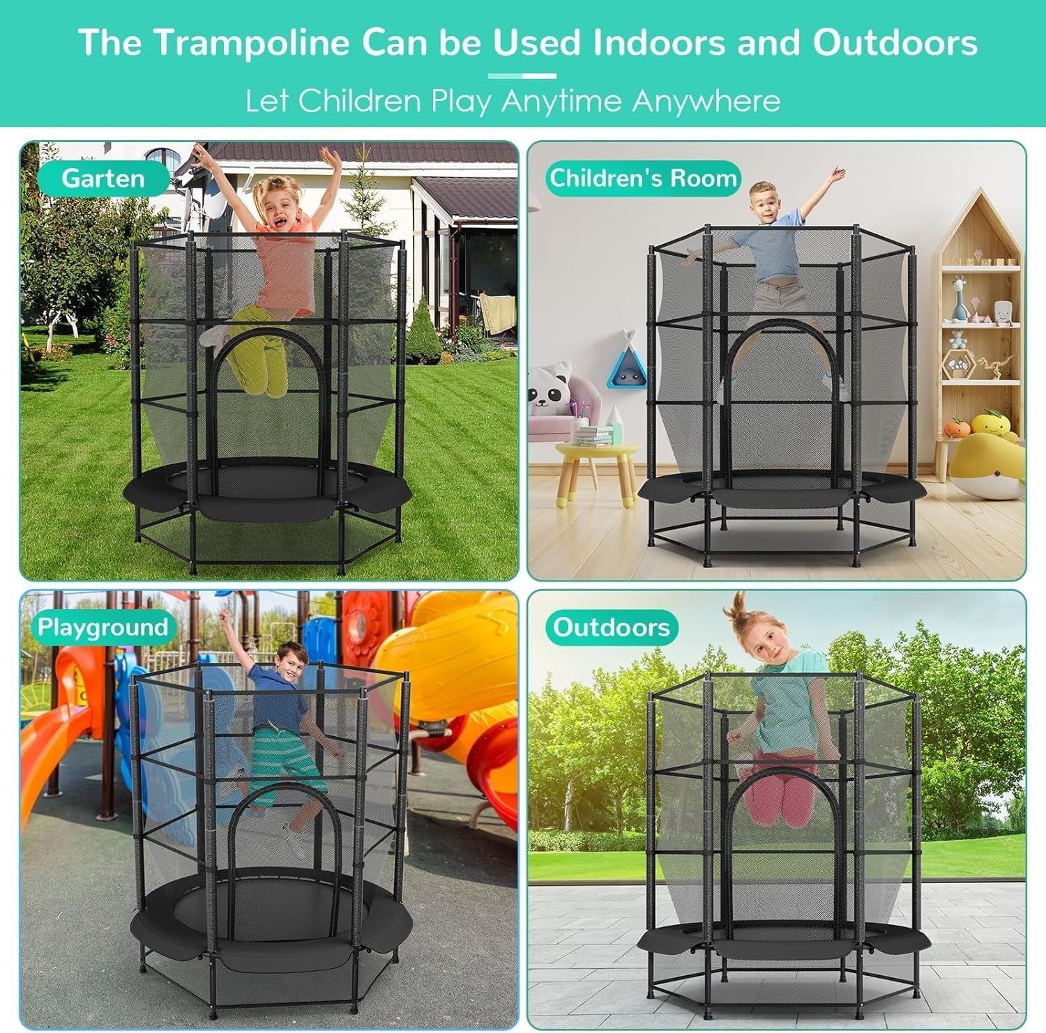 Kids 55” Indoor Outdoor Trampoline w Safety Net Floor Guard Ages 3–10